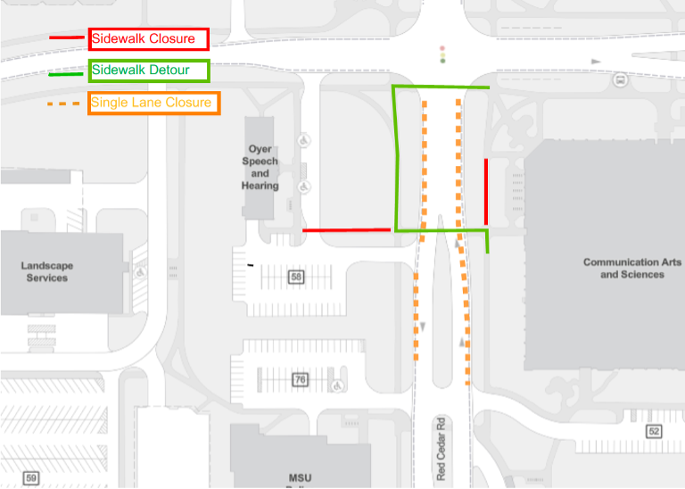 Map showing single lane closures in both directions on Red Cedar road near the communication arts and sciences building. The same section has sidewalk closures and detours.