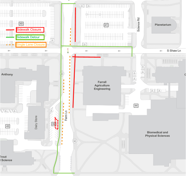 Map showing sidewalk closure and detours on Farm Lane and Shaw Lane intersection.