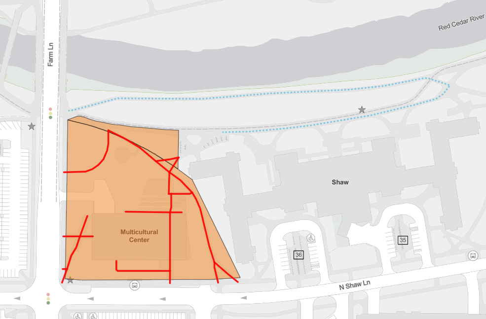 map with area around the Multicultural Center highlighted