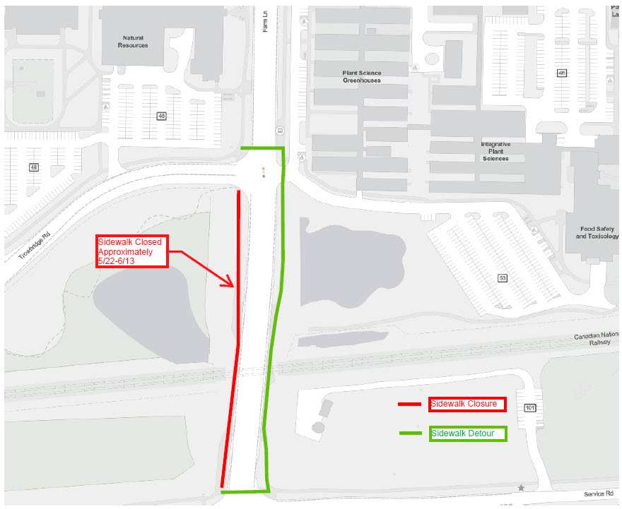 Map of sidewalk detour on Farm Lane