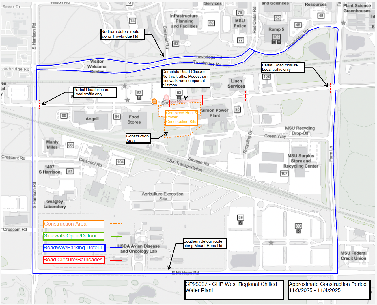 map showing construction area on Service Road and the traffic detours noted above