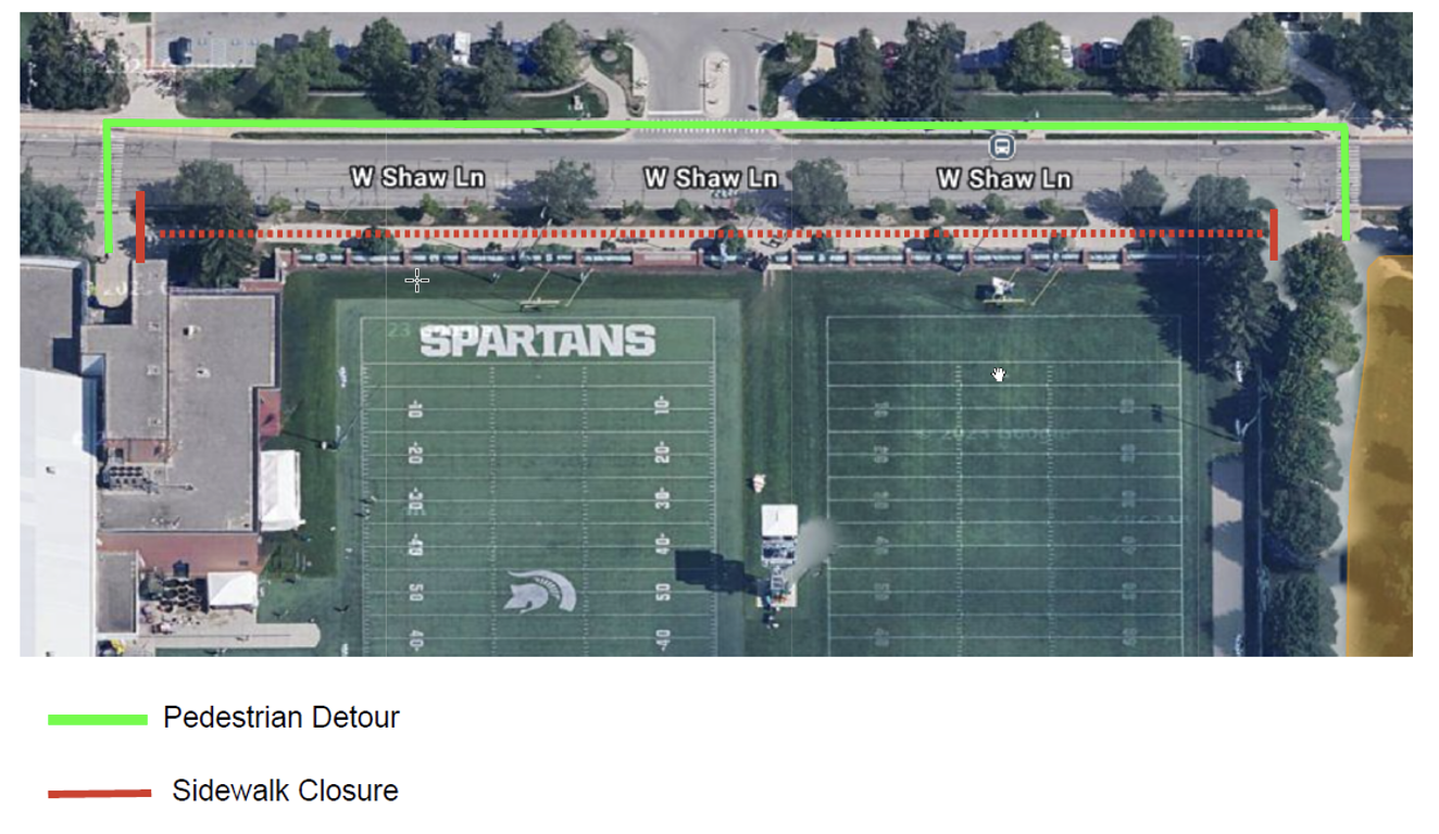 sidewalk on West Shaw Lane next to the practice football field will detour to the north side of West Shaw Lane closer to Lot 79.