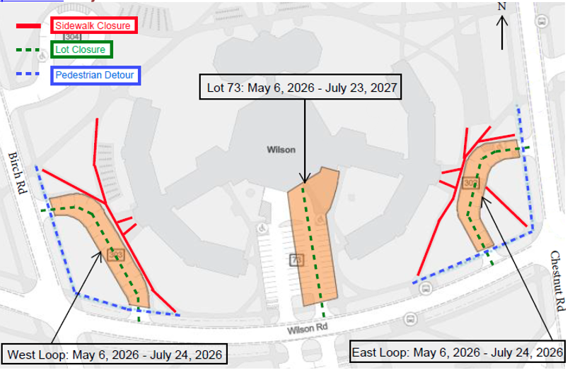 map showing Wilson Hall on Wilson Road with lot 303 to the west closed, lot 302 to the east closed. Lot 73 in front of Wilson Hall closed on the east side.