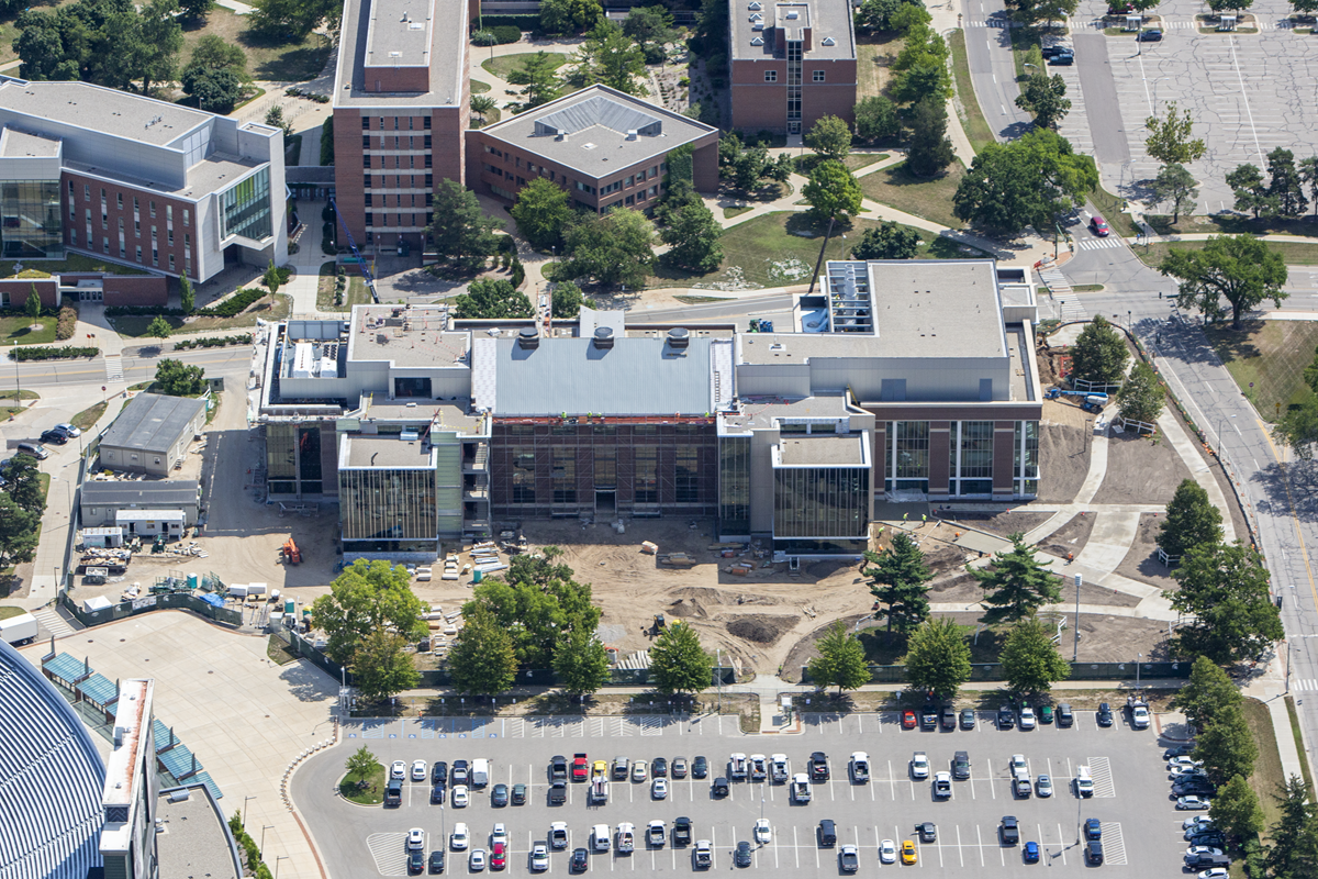 Aerial view of west side of construction site