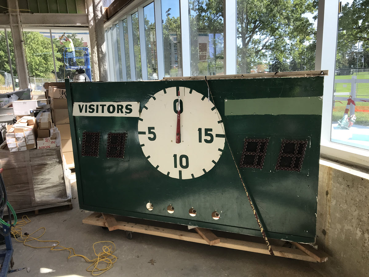 Old Demonstration Hall scoreboard/clock which will be prominently displayed in the Hockey Hall of History when complete. It is hoped to renovate the scoreboard so that it will display current scores of games