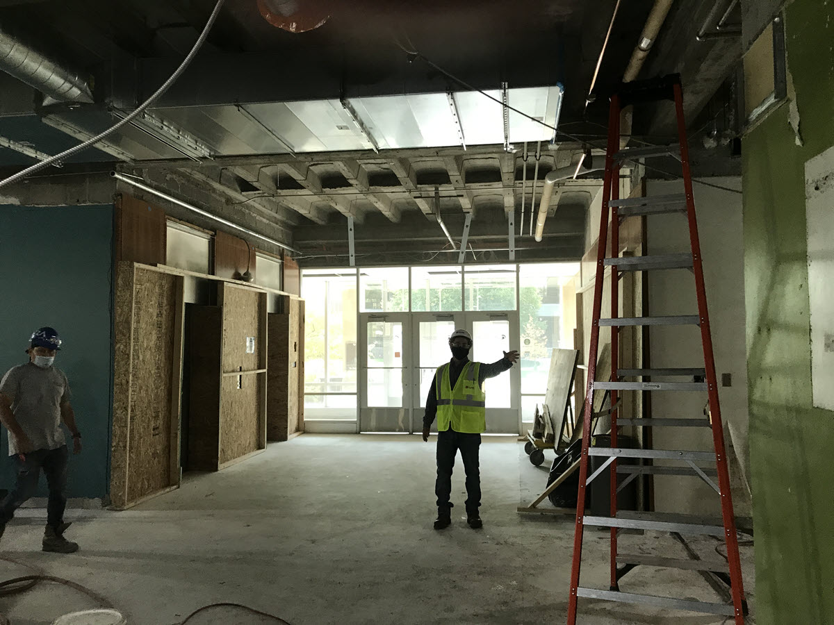 Interior of main Eppley entrance showing elevator bank. Stairwell door will be replaced with fully glass version to encourage occupants to use stairs when possible.