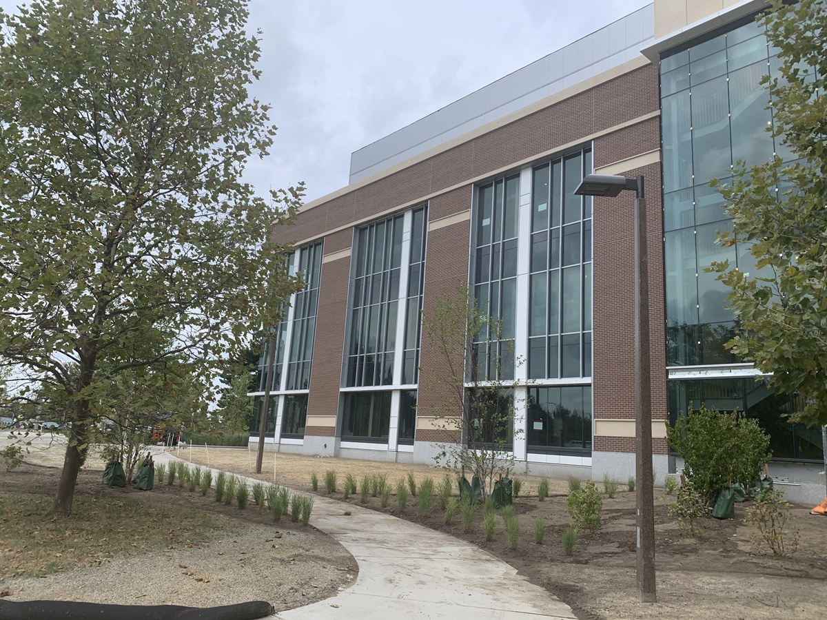 Photo of south addition exterior showing hardscape and landscape work