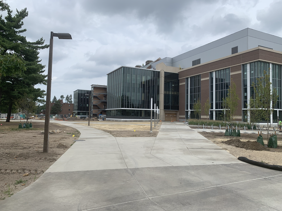 Photo of south addition exterior showing hardscape and landscape work