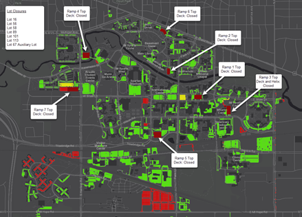 Parking lot map showing closures