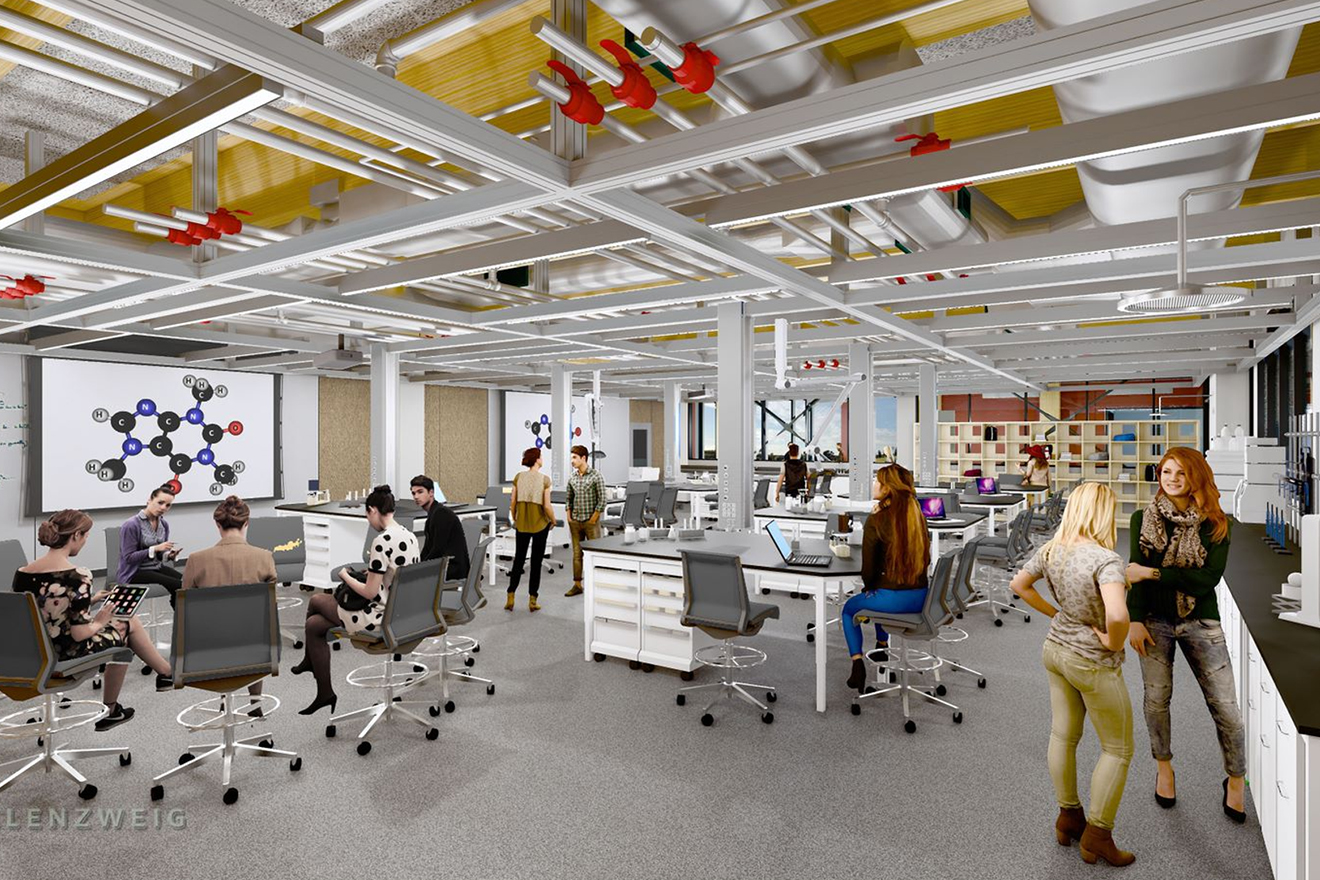 Interior rendering of a learning space inside the STEM building