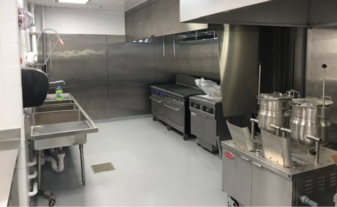 Pilot Plant kitchen - stove, fryer and ceiling installed