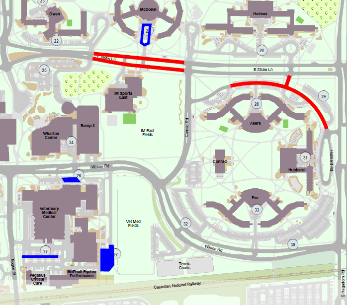 Roadwork on Shaw Lane and in front of Akers Hall as well as a parking lot by McDonel Hall.