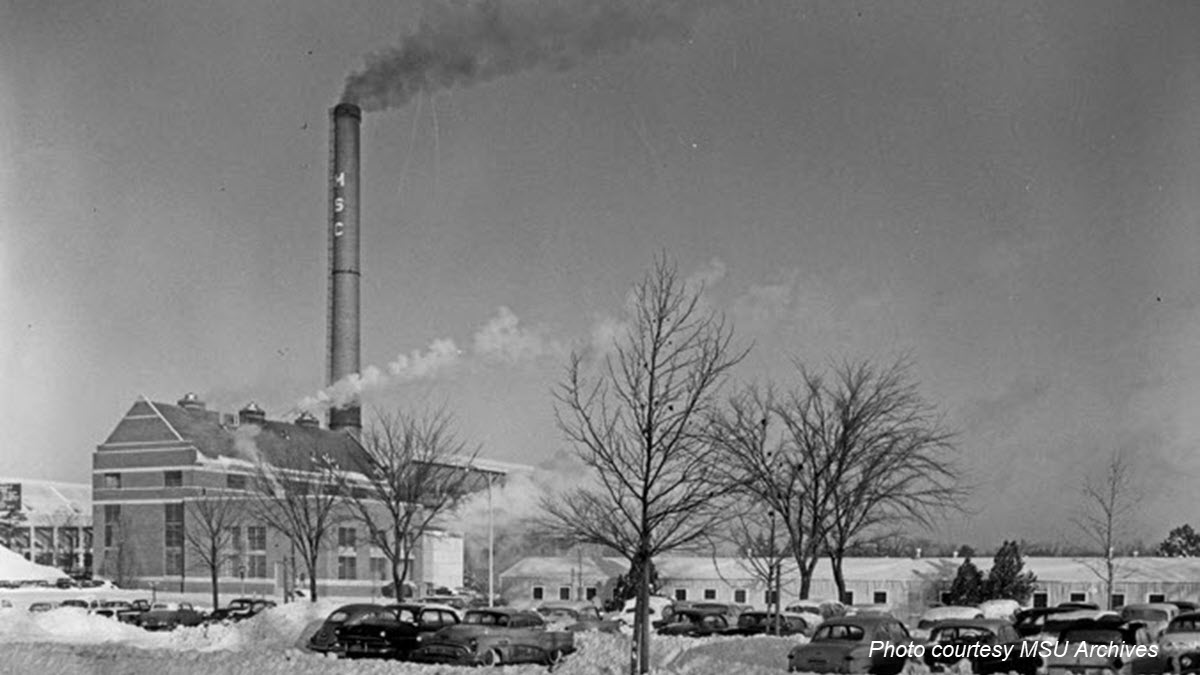 Historic photo of the old Shaw Lane Power Plant in winter