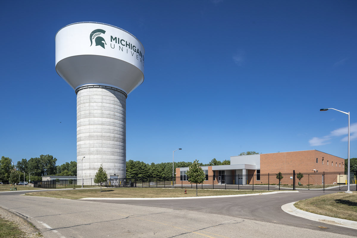 Exterior shot of new Water Treatment Plant and Storage Tower