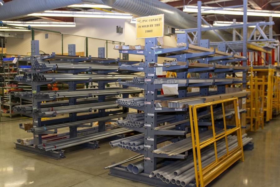 shelves of piping in the storeroom