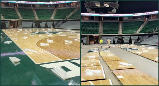 Basketball court in the Breslin Center being removed