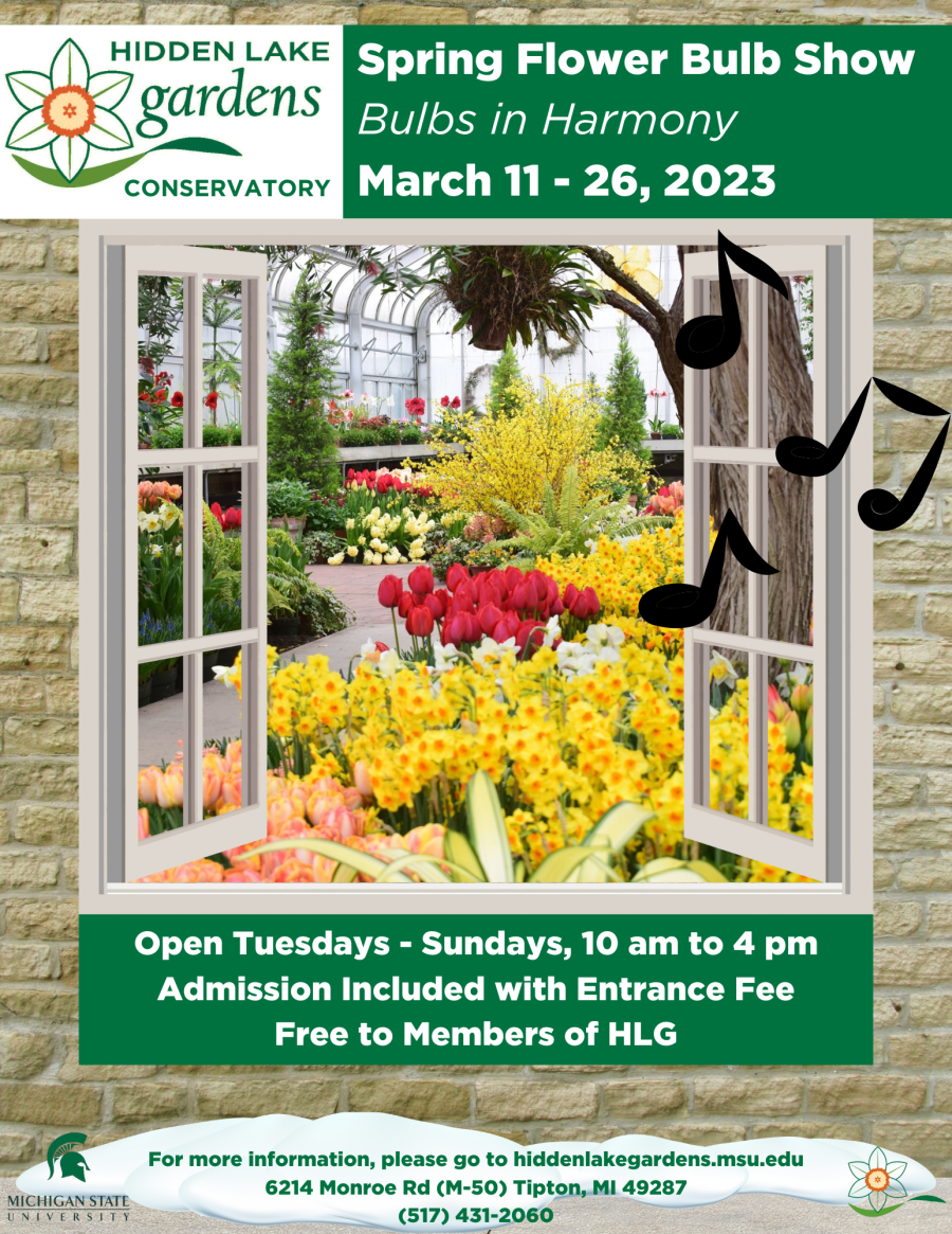 Open window showing beautiful display of spring flowers and bulbs, advertising the Spring Flower Bulb Show, March 11-26, 2023.