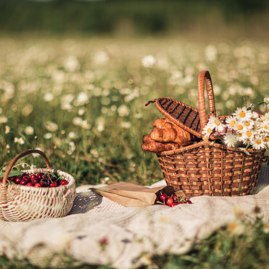 A picnic basket on a picnic blanket in a field of flowers.