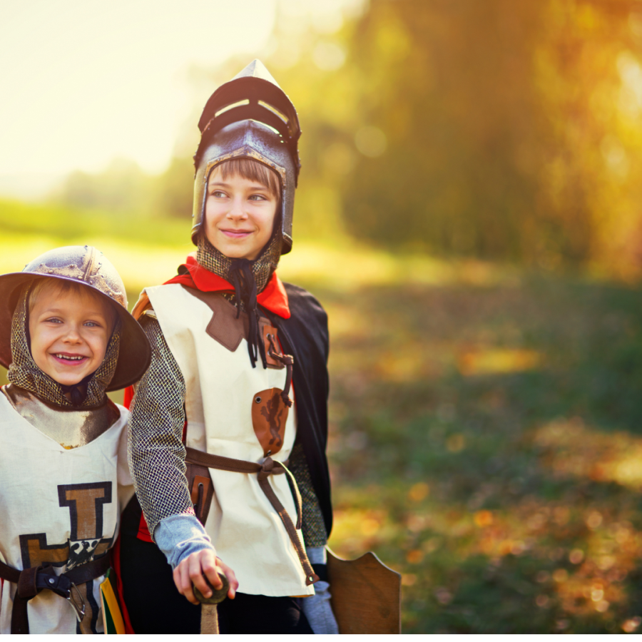 Children dressed in knight costumes.