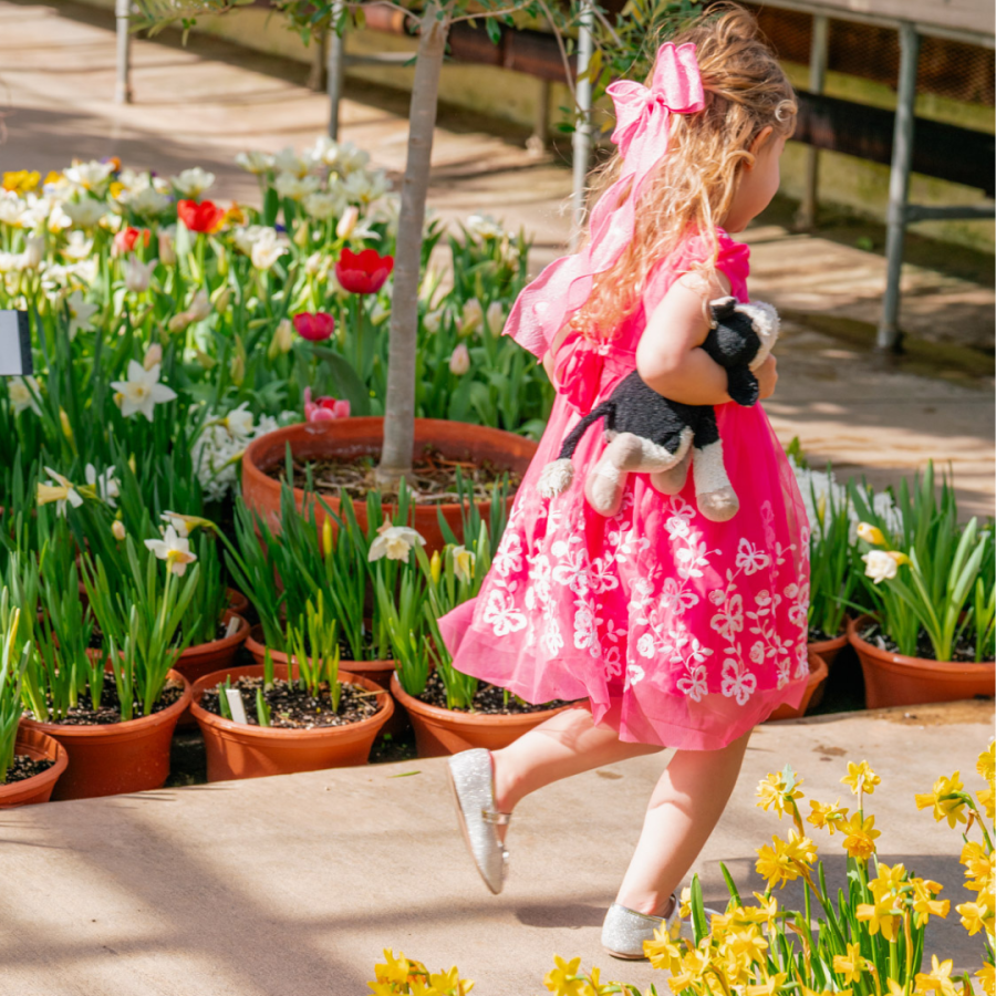 Young girl visiting spring flower show.