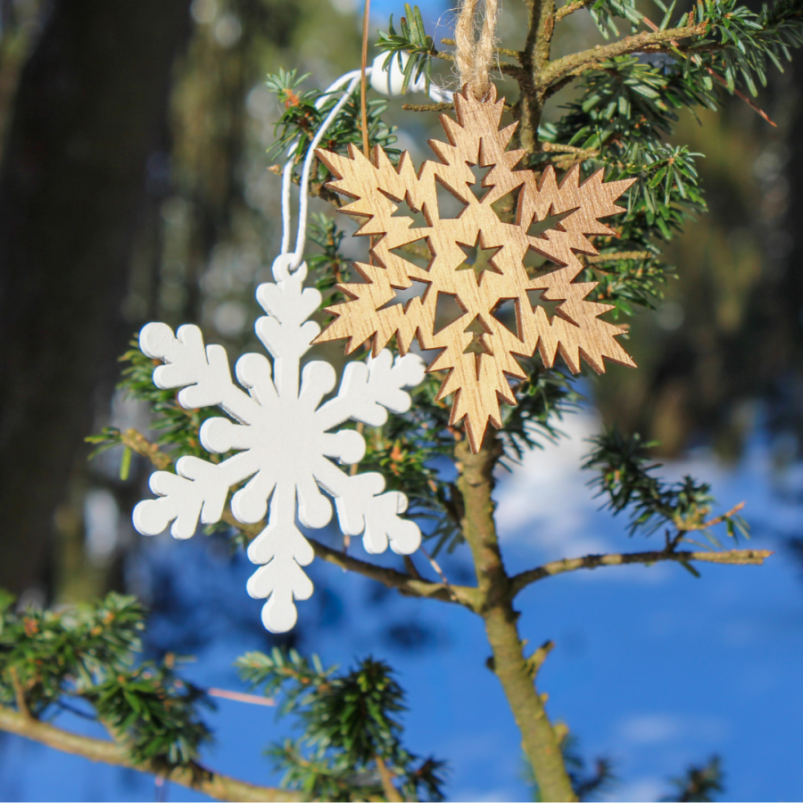 Snowflake Ornaments outside on tree