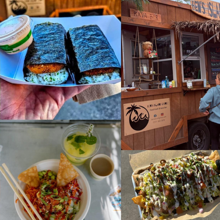 Photo collage of the Ben's Island Grindz food truck plus examples of food and beverage options for sale.
