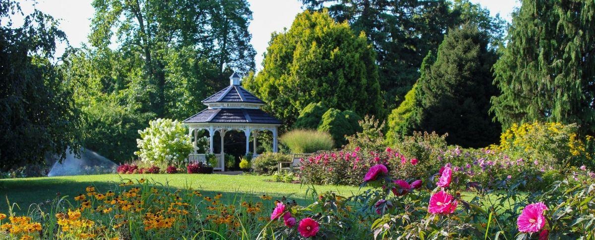 Summer scene of the Gazebo Garden at Hidden Lake Gardens.