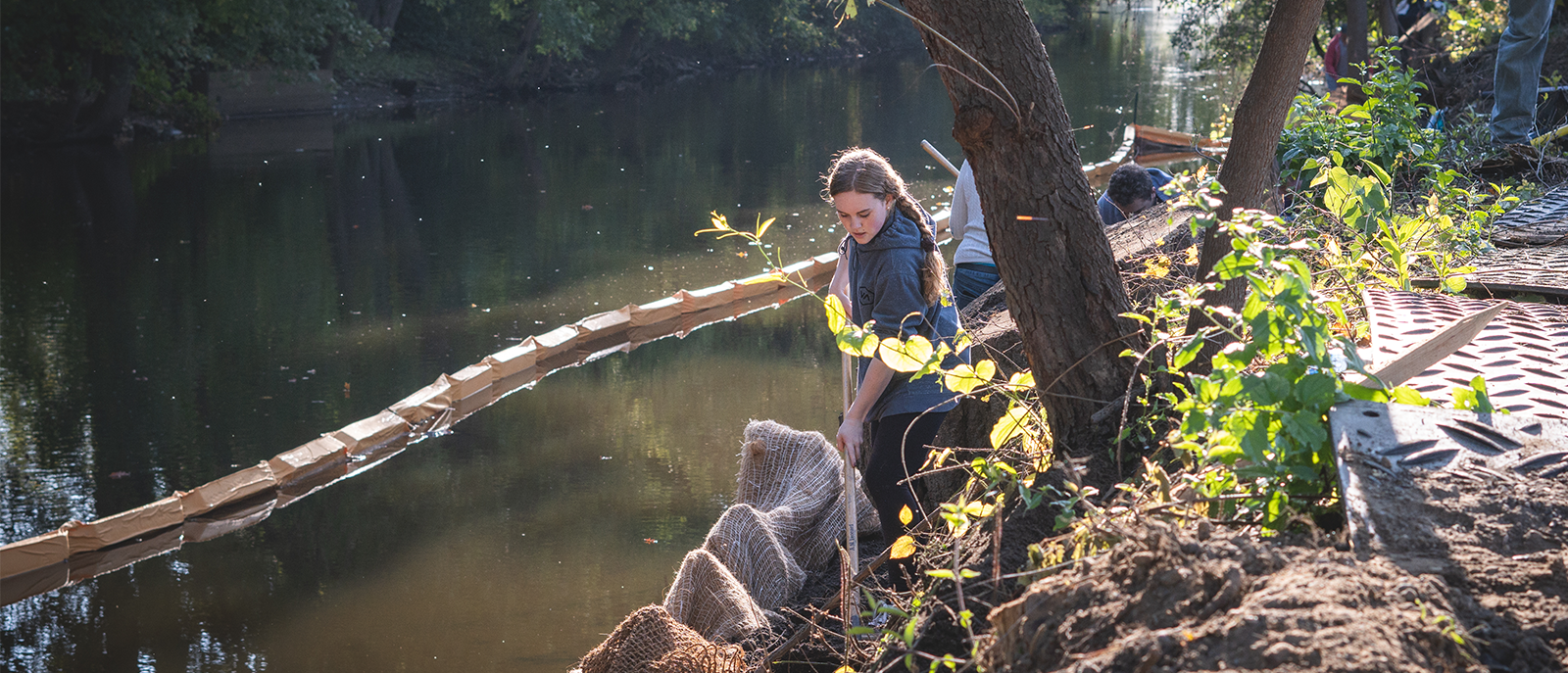 Student Volunteer Working on Riverbank Restoration