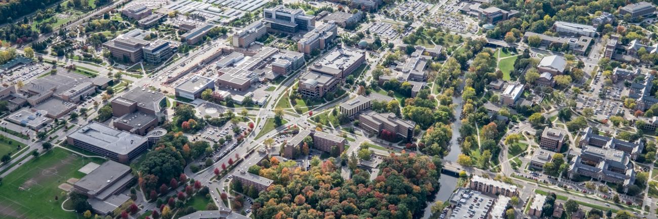 aerial view of the MSU East Lansing campus