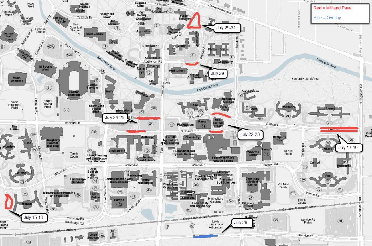 Map showing areas of summer road milling and repaving