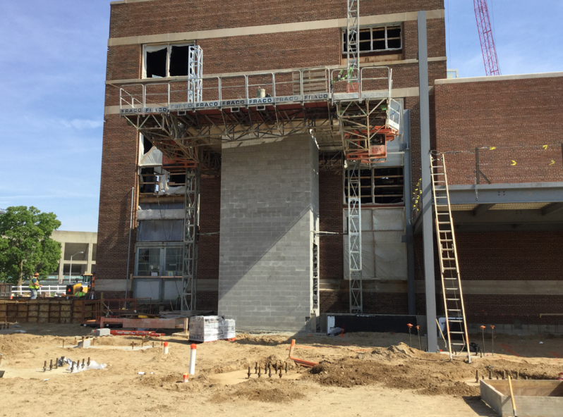Masonry for the new STEM elevator being constructed on the south side of the old Power Plant