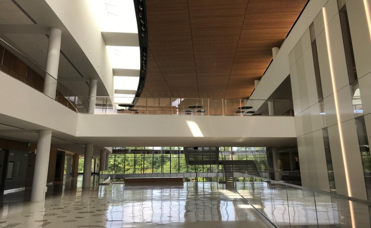 Inside of first floor of the pavilion, looking towards Red Cedar River