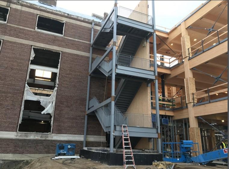 The new steel stair tower installation on the west side of the old Power Plant