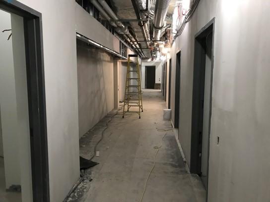 Corridor to new basement practice rooms - looking south