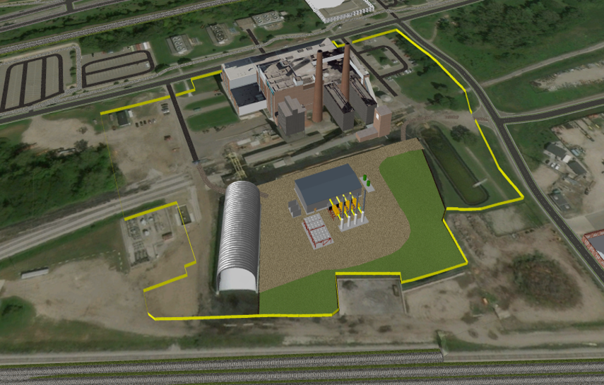 Aerial-view rendering of R.I.C.E. plant location next to T.B. Simon Power Plant