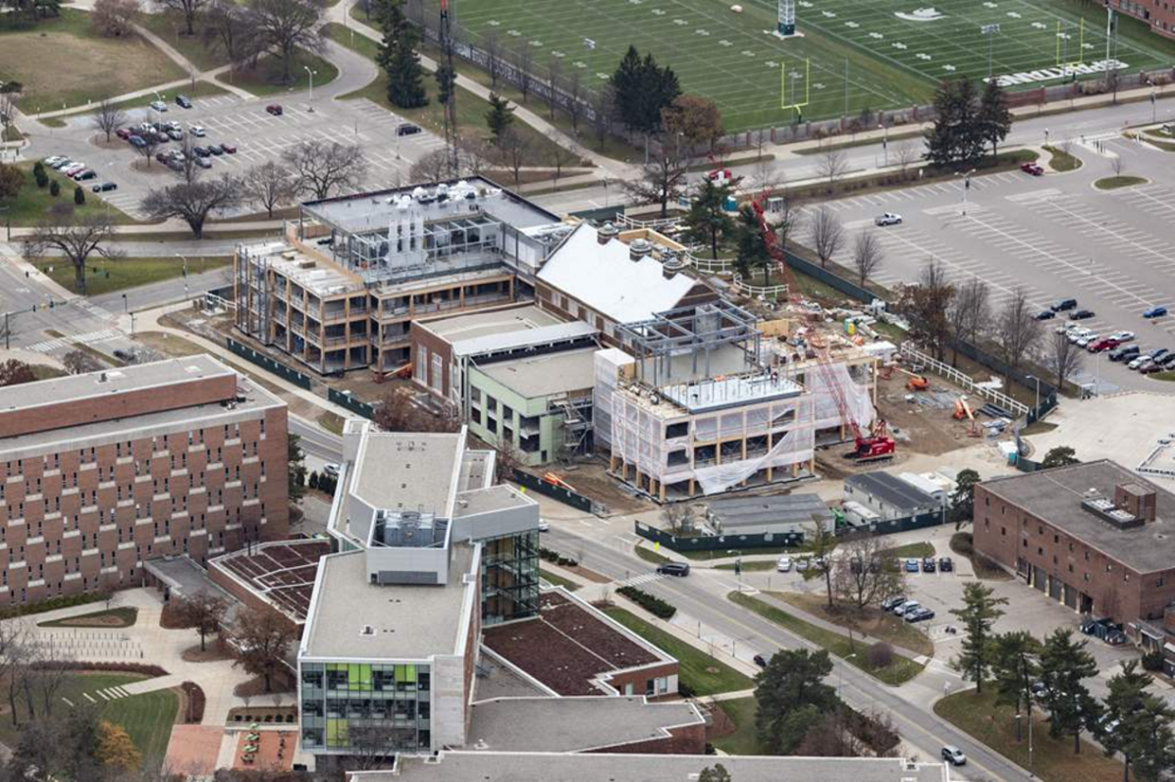 View looking southwest showing the new classroom addition on the east side