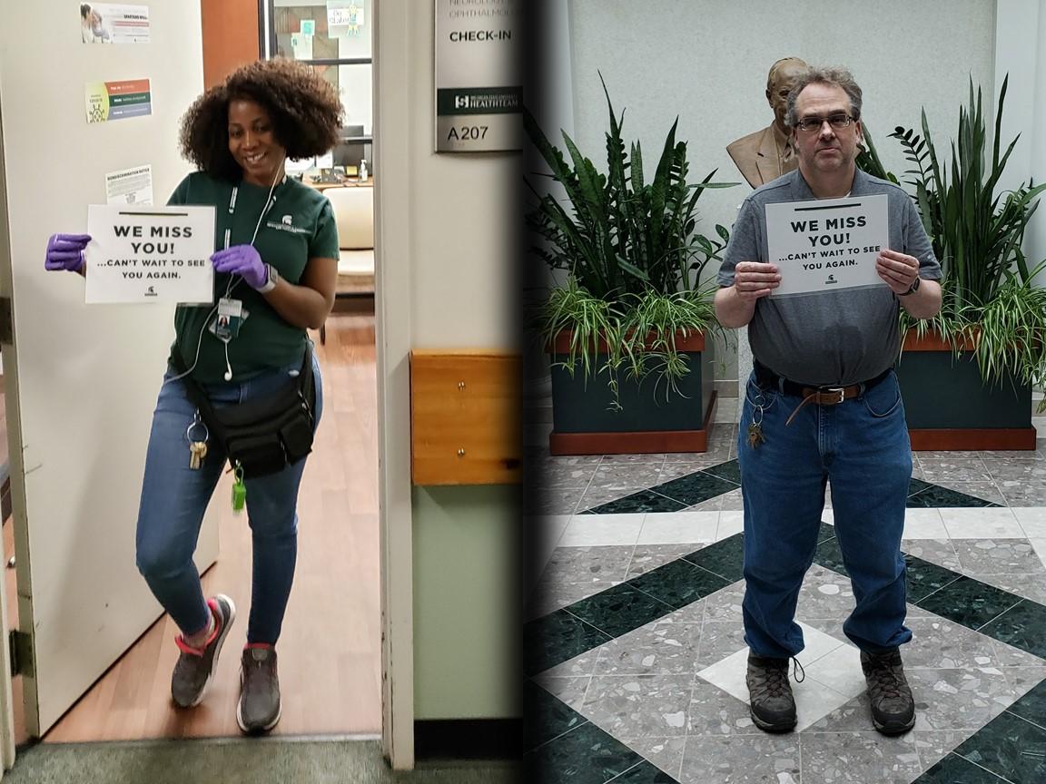 IPF custodians Linda Mukombachoto and James Zack holding signs that say We Miss You