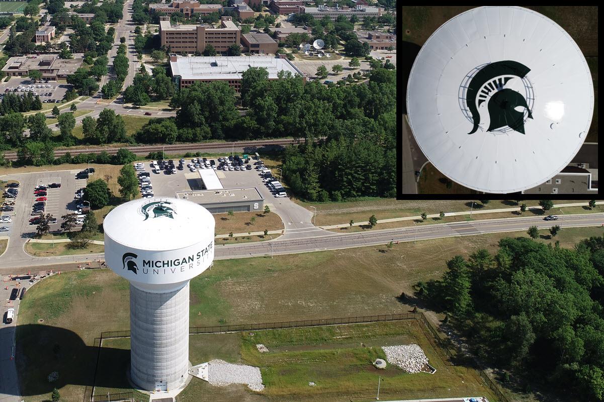 Photo of new MSU Water Tower with Sparty head painted on top