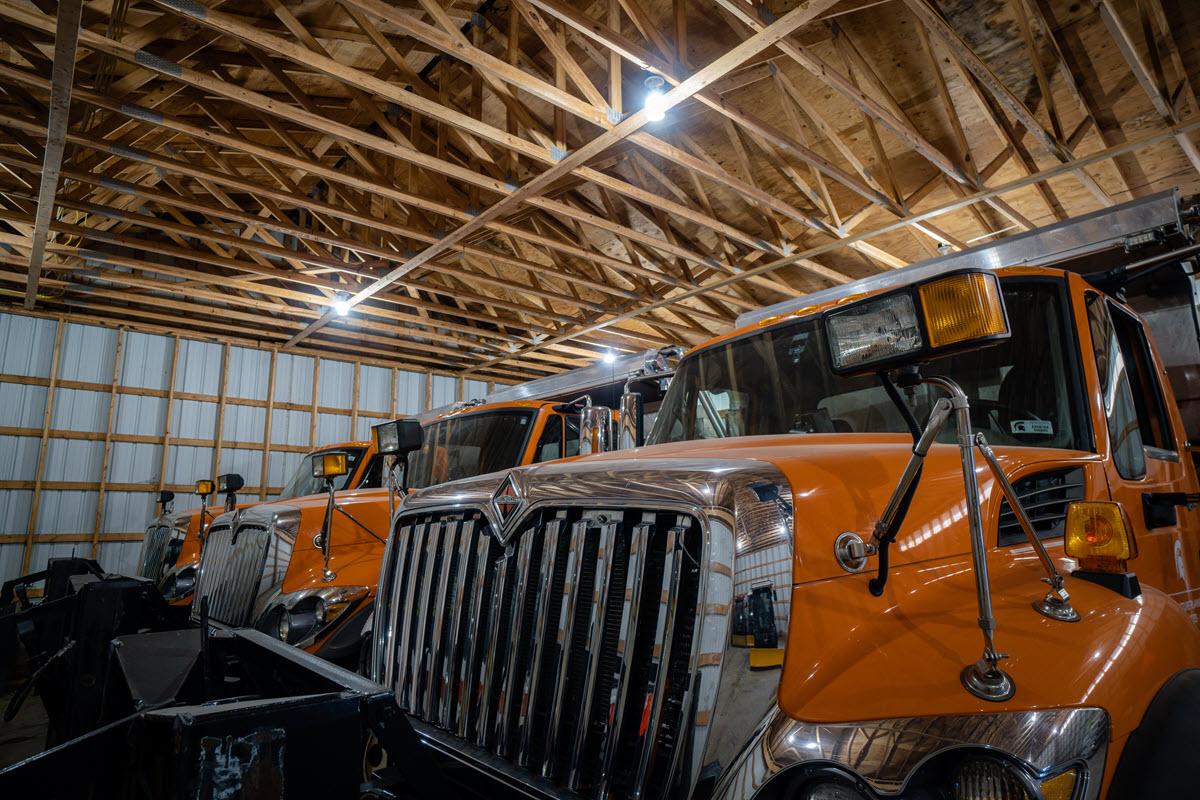 IPF Landscape Services' snowplows/salters in their new west campus substation awaiting the first snowfall.