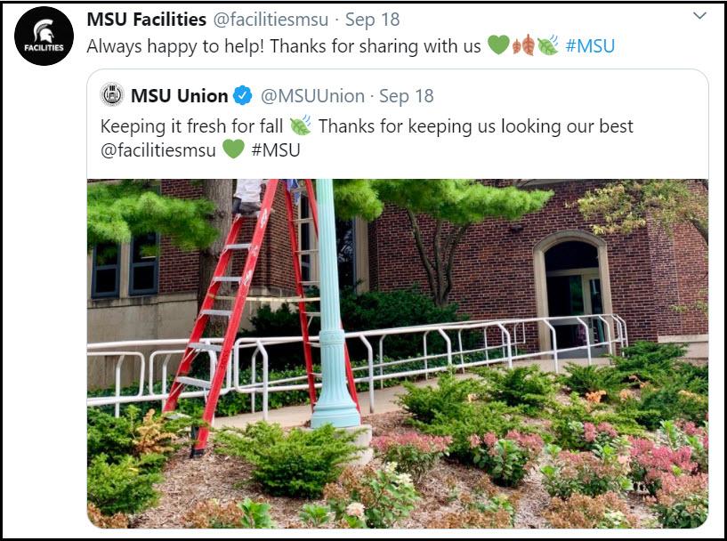 Twitter post regarding Landscape Services plantings a the MSU Union