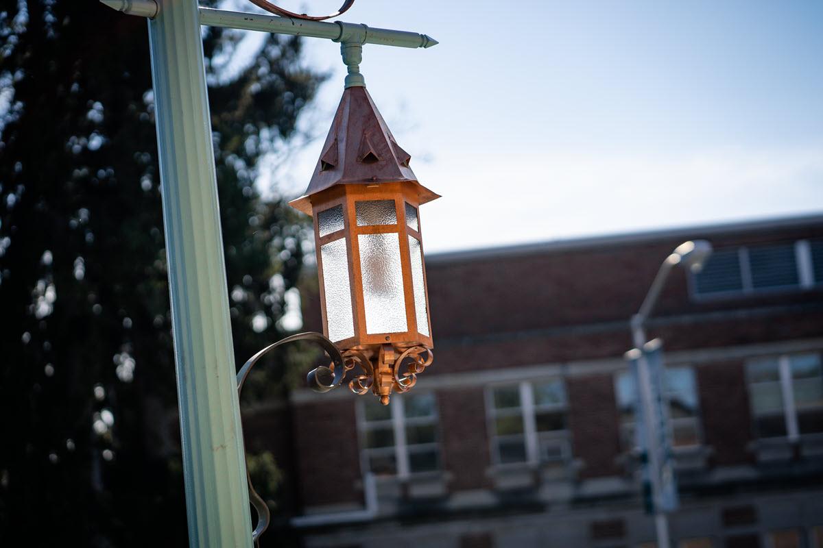 One of the new copper lighting fixtures installed outside the new Billman Music Pavilion. The copper work for these new fixtures was fabricated at the IPF Metal Shop.