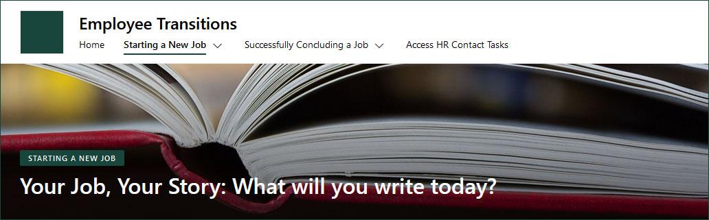Screenshot of the Employee Transitions website with the words your job your story what will you write today