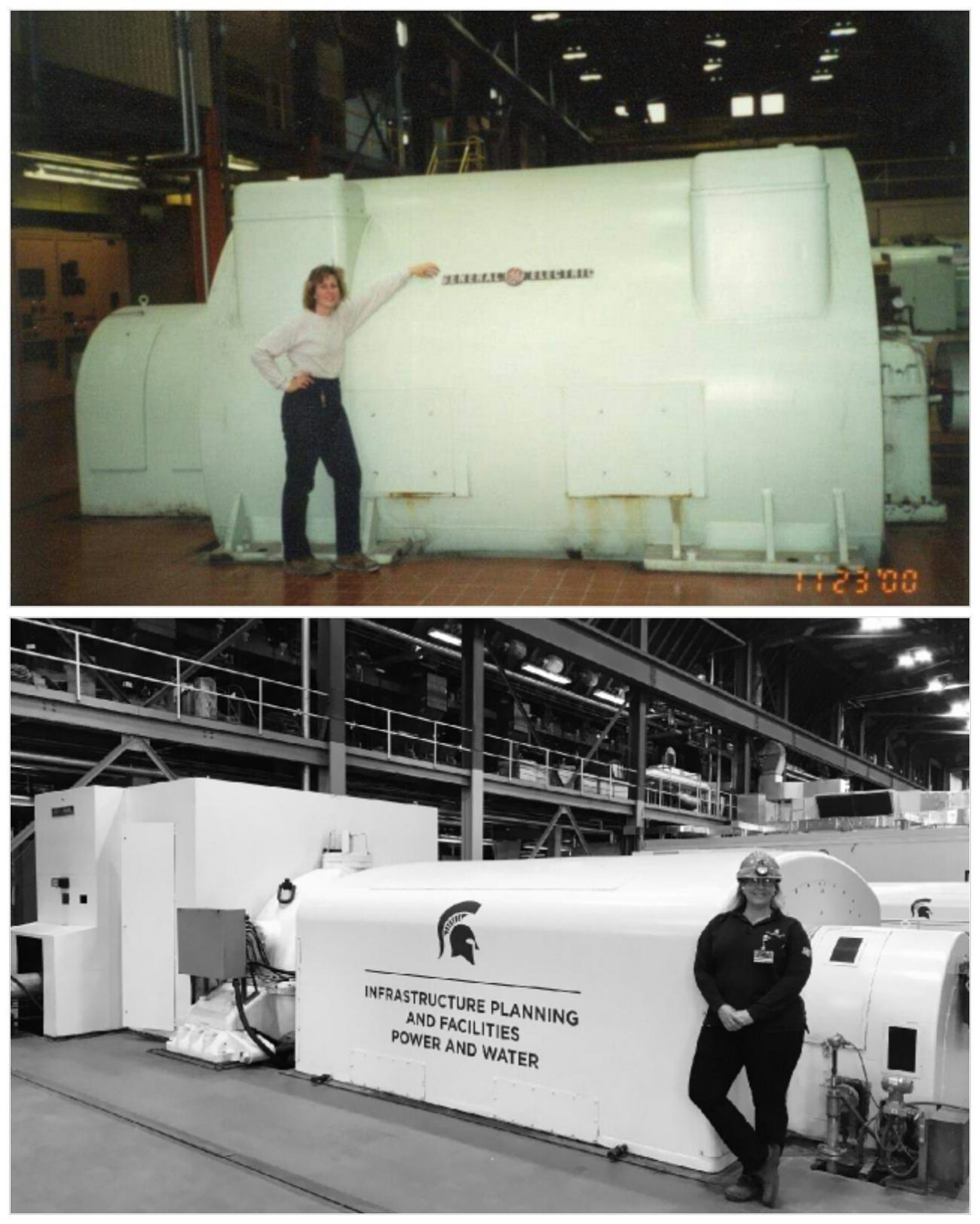 Two photos of a smiling white woman in front of a large steam turbine; the top photo is older with a burned-in timestamp.