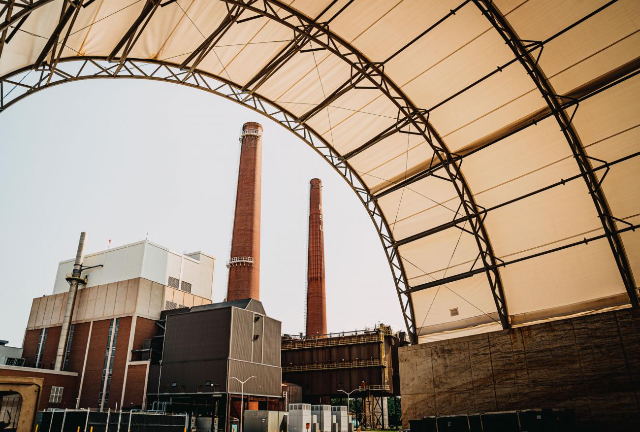 Exterior of TB Simon Power Plant with the iconic two red brick smokestacks. NICK SCHRADER/IPF