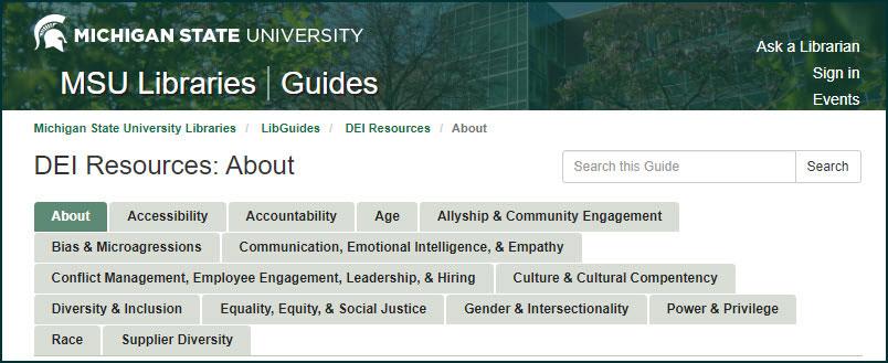 Screenshot of DEI Library guide tabs on the MSU Libraries homepage