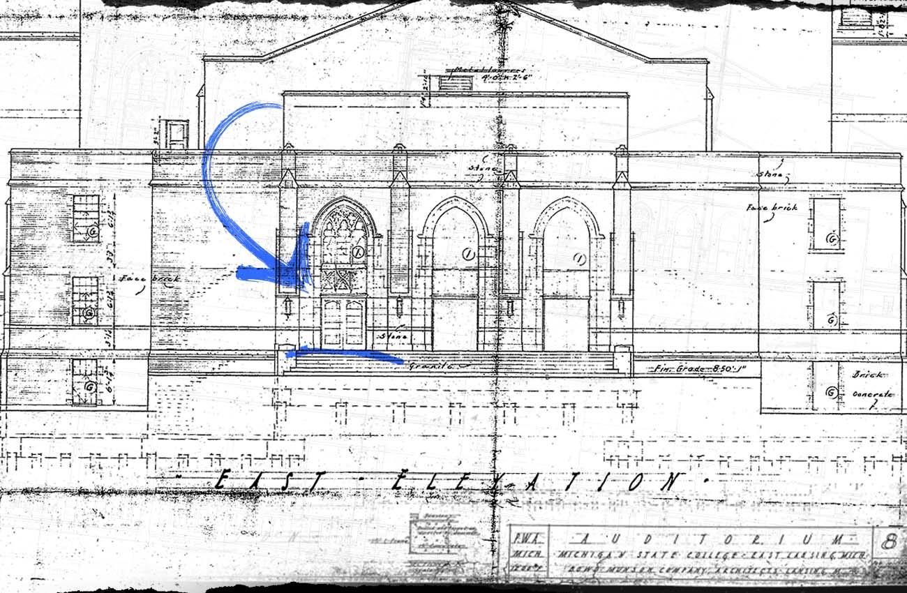 Black and white architectural draft of the Fairchild Theatre entrance with an arrow pointing at the door design