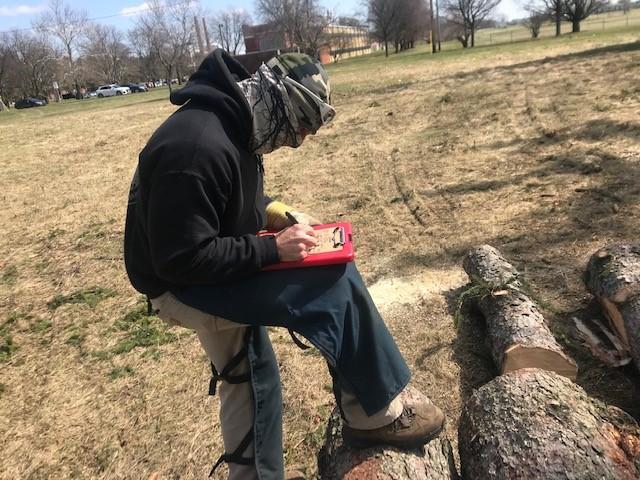 A man in cold weather clothes writes on a clipboard on his knee, a felled tree in front of him.