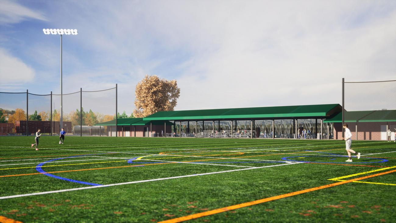 Rendering of how the buildings near the fields will look.