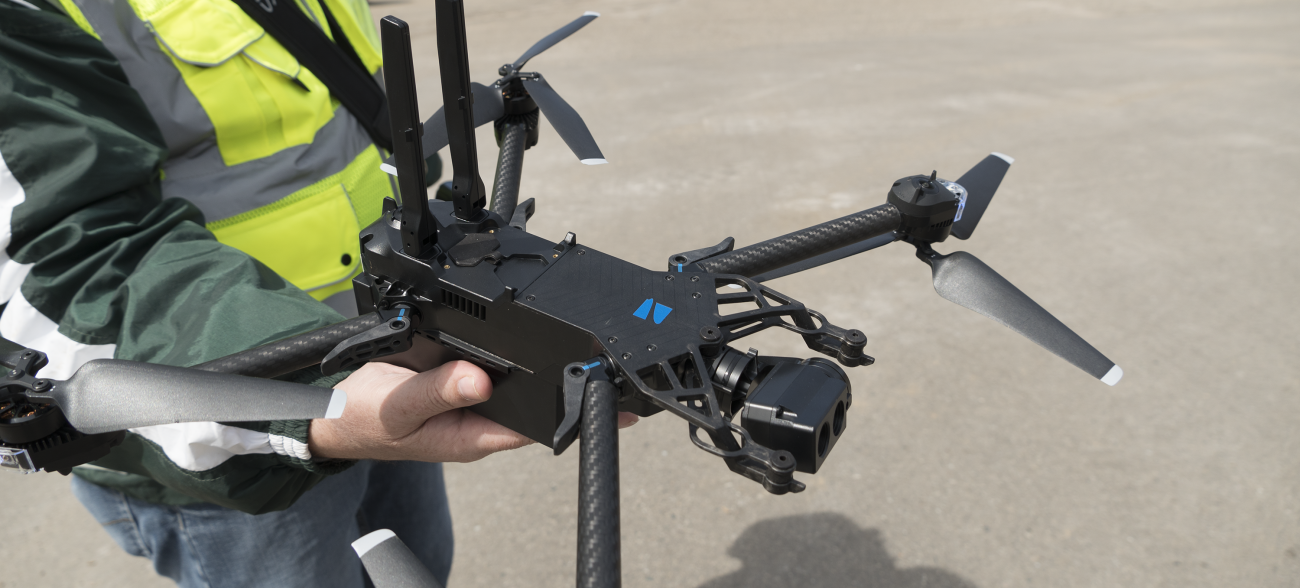 Jeff West, IPF mapping coordinator, shows the new IPF drone used for building inspections and site surveys.