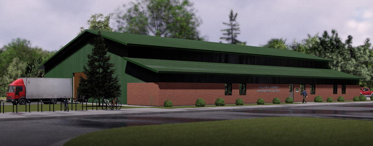 Artist rendering of a large barn-like building